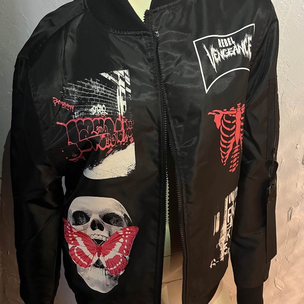 Black Bomber Jacket with Graphic Patches